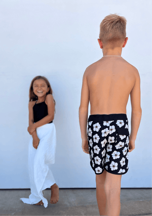 Kid’s Retro Boardshorts in Ilima Flower