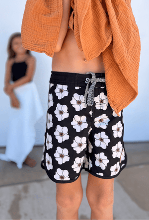Kid’s Retro Boardshorts in Ilima Flower