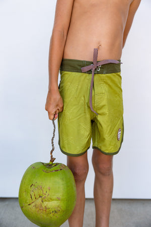 Kid’s Retro Boardshorts in Green Palm Trees