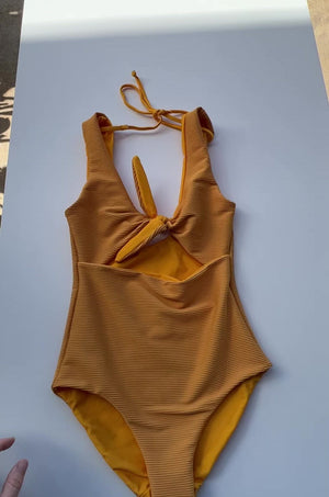 Women's Cutout One Piece in Yellow Ribbed