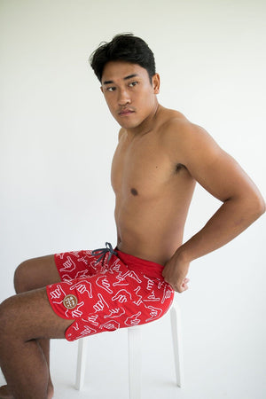 Men's Retro Boardshorts in Red Shaka