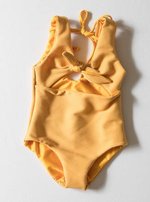 Girl's Cutout One Piece in Yellow Ribbed