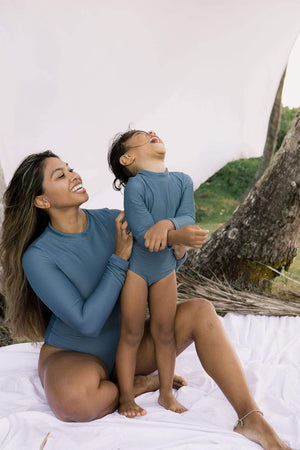 Girl's Long Sleeve Zip Up in Steel Blue Ribbed