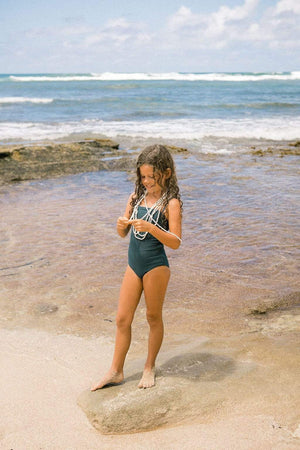 Girl's Strappy One Piece in Steel Blue Ribbed