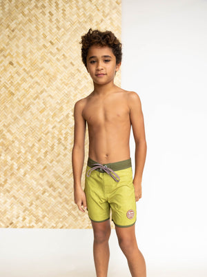 Kid’s Retro Boardshorts in Green Palm Trees