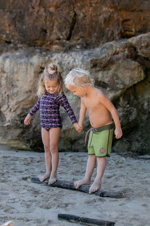 Kid’s Retro Boardshorts in Green Palm Trees