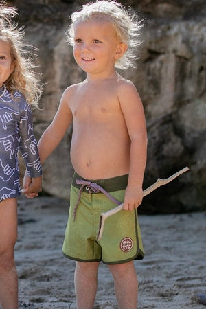 Kid’s Retro Boardshorts in Green Palm Trees