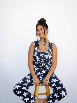 Adult Denim Overalls in Black Plumeria