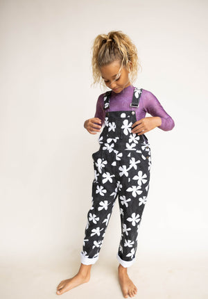 Kid's Denim Overalls in Black Plumeria