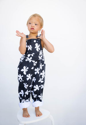 Kid's Denim Overalls in Black Plumeria