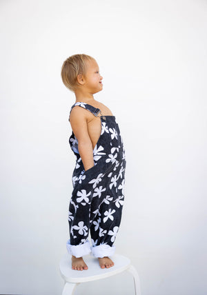 Kid's Denim Overalls in Black Plumeria