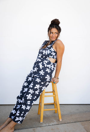 Adult Denim Overalls in Black Plumeria