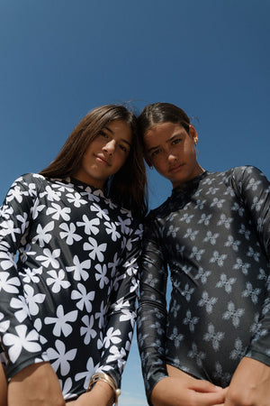 Women's Long Sleeve Zip Up in Black Plumeria