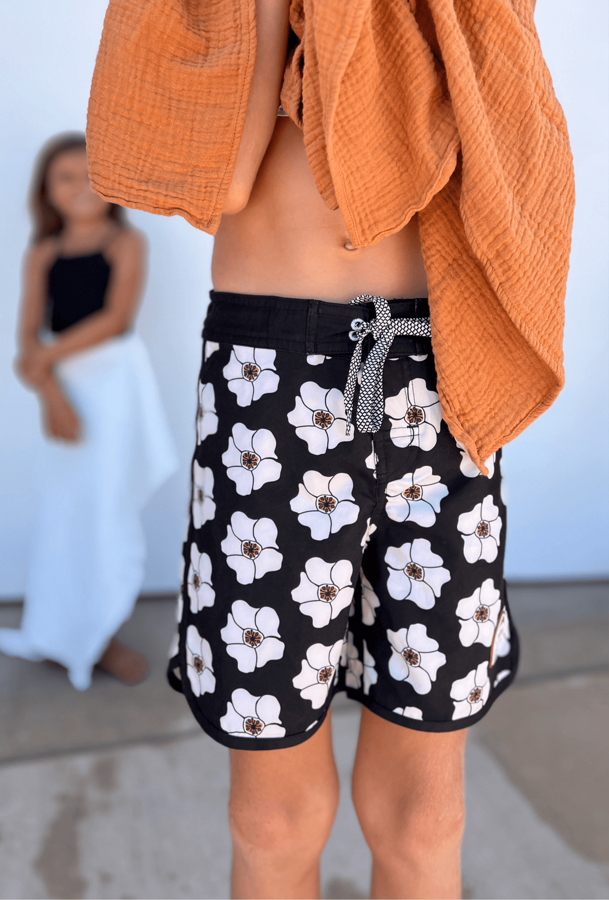 Kid’s Retro Boardshorts in Ilima Flower