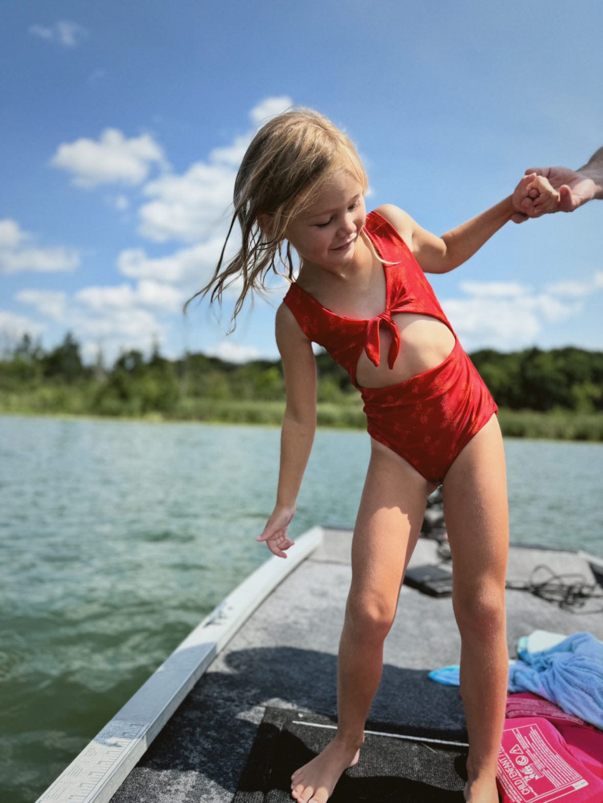 Girl's Cutout One Piece in Red Breadfruit Bandana