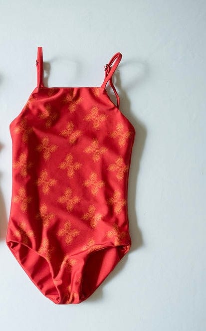 Girl's Strappy One Piece in Red Breadfruit Bandana