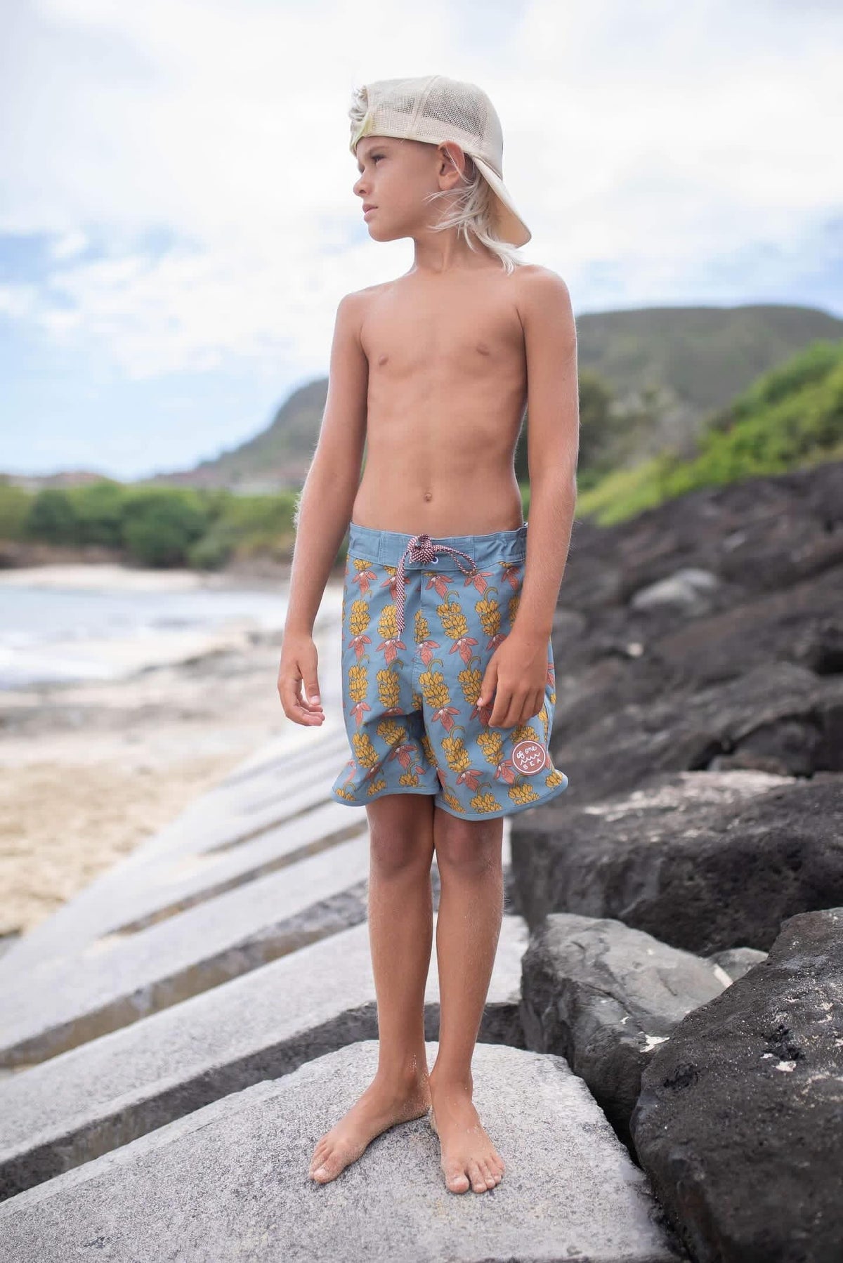 Kid’s Retro Boardshorts in Banana Flower
