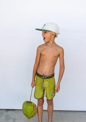 Kid’s Retro Boardshorts in Green Palm Trees
