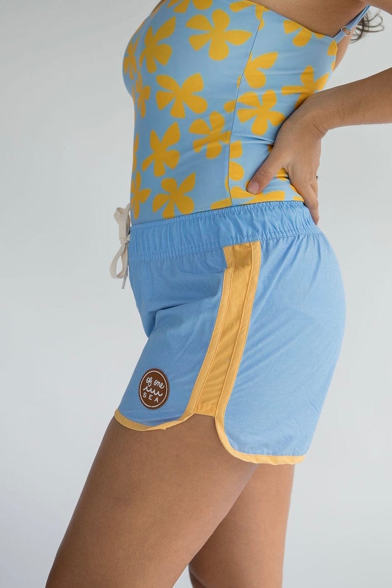 Women's Boardie Watershorts in Light Blue and Yellow Colorblock