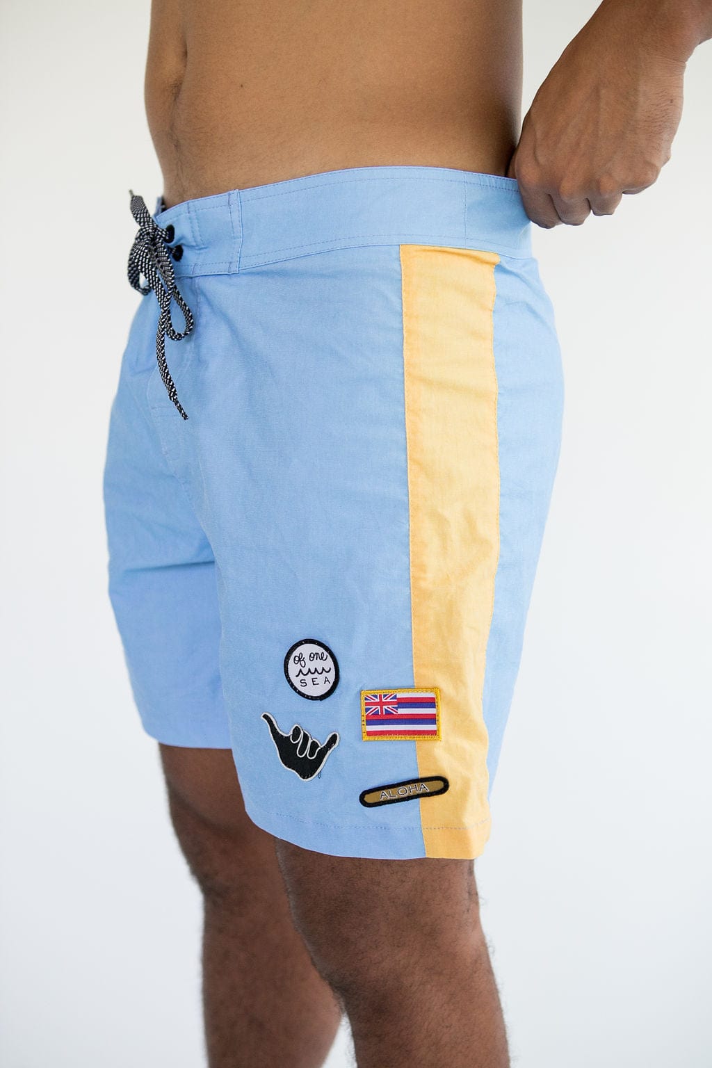 of One Sea Men's Townshorts in Light Blue and Yellow Colorblock Patch, 34 / Light Blue and Yellow Colorblock Patch