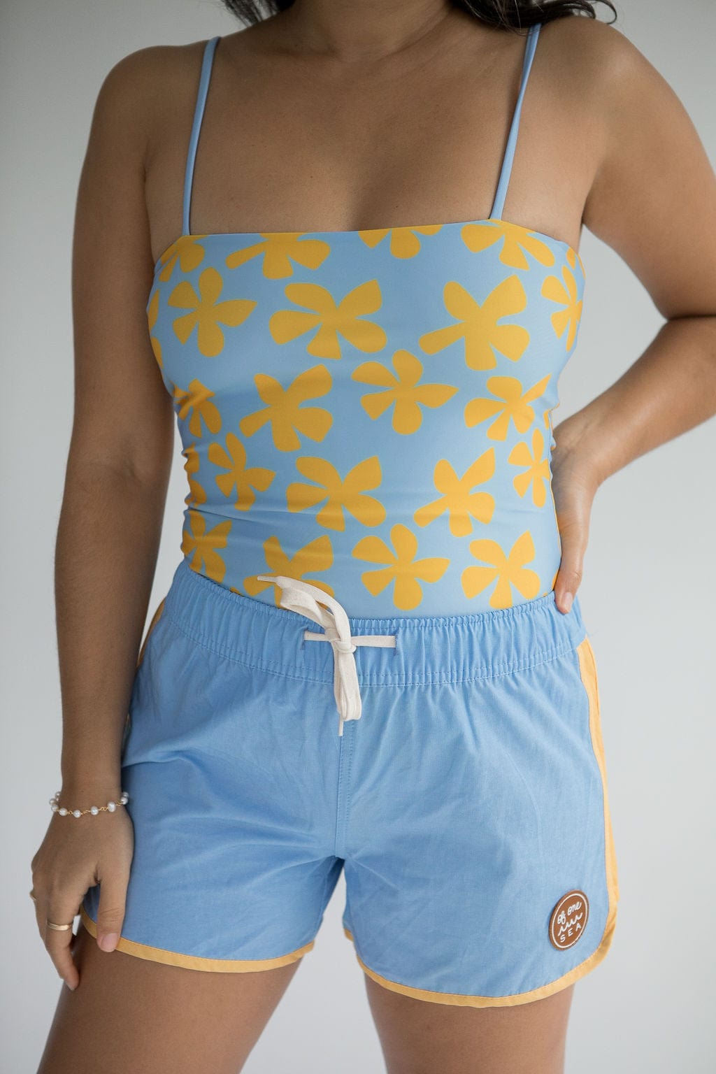Women s Boardie Watershorts in Light Blue and Yellow Colorblock