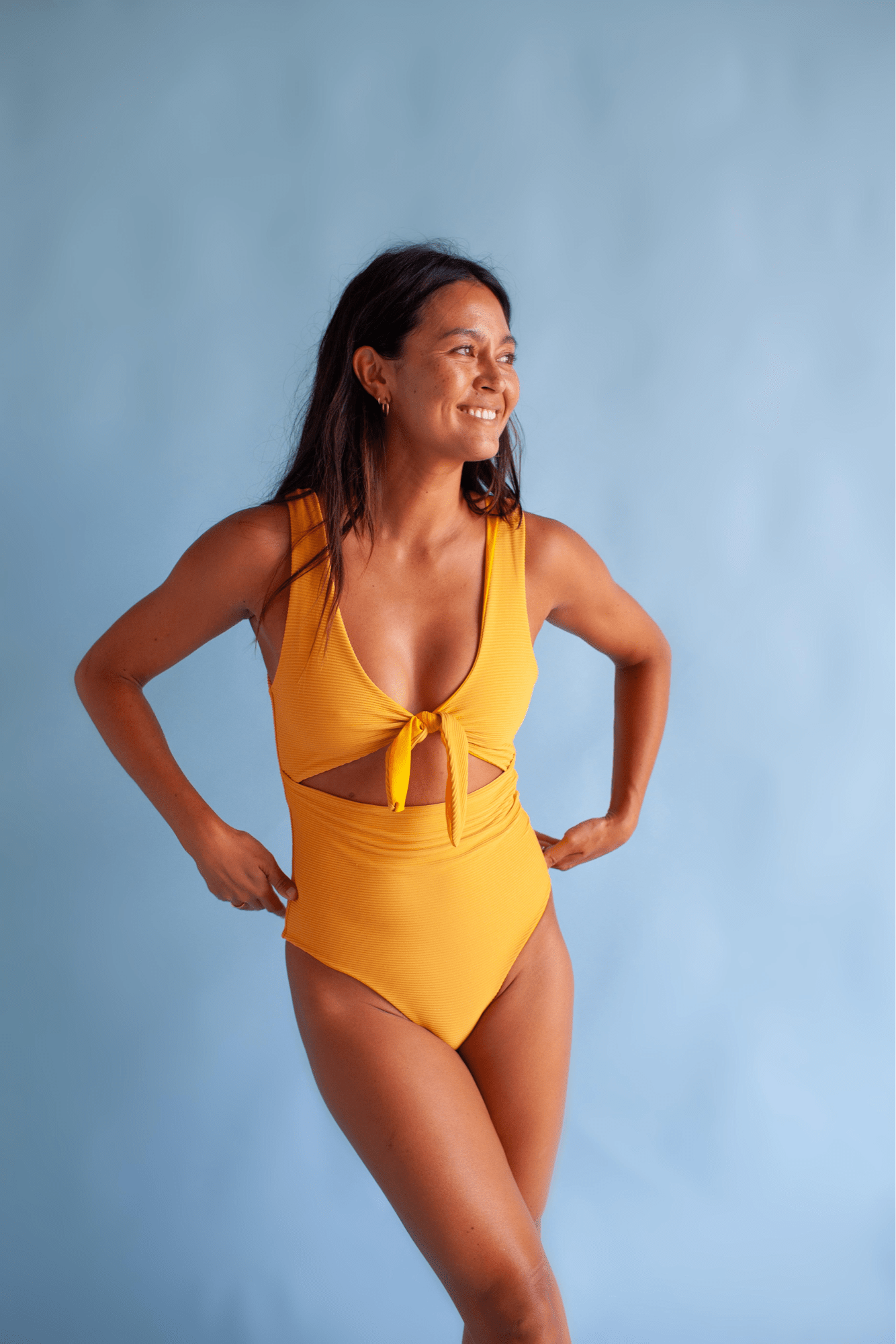 Women's Cutout One Piece in Yellow Ribbed