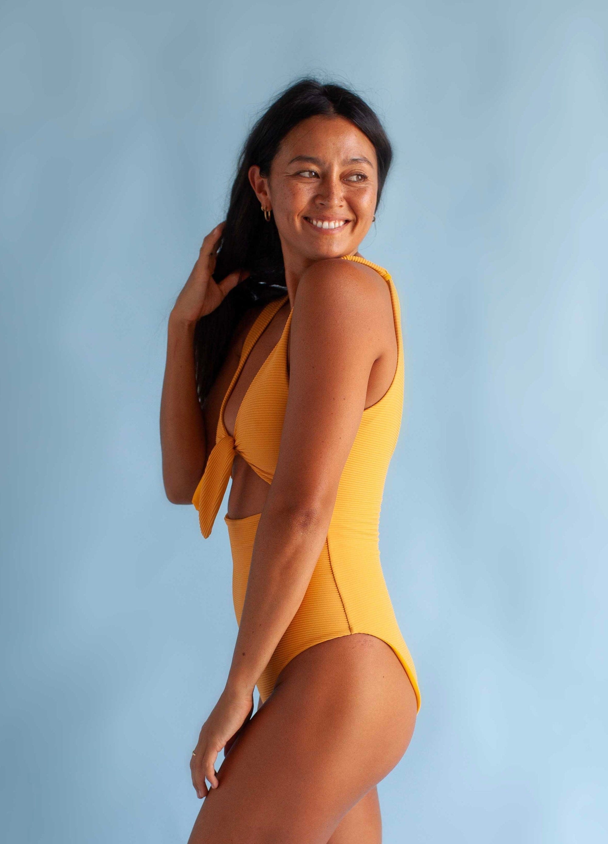 Women's Cutout One Piece in Yellow Ribbed
