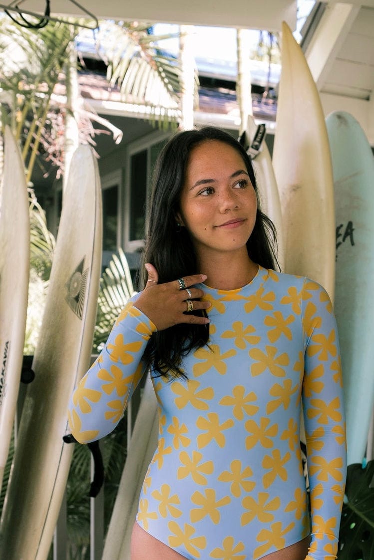 Women's Long Sleeve Zip Up in Light Blue Plumeria