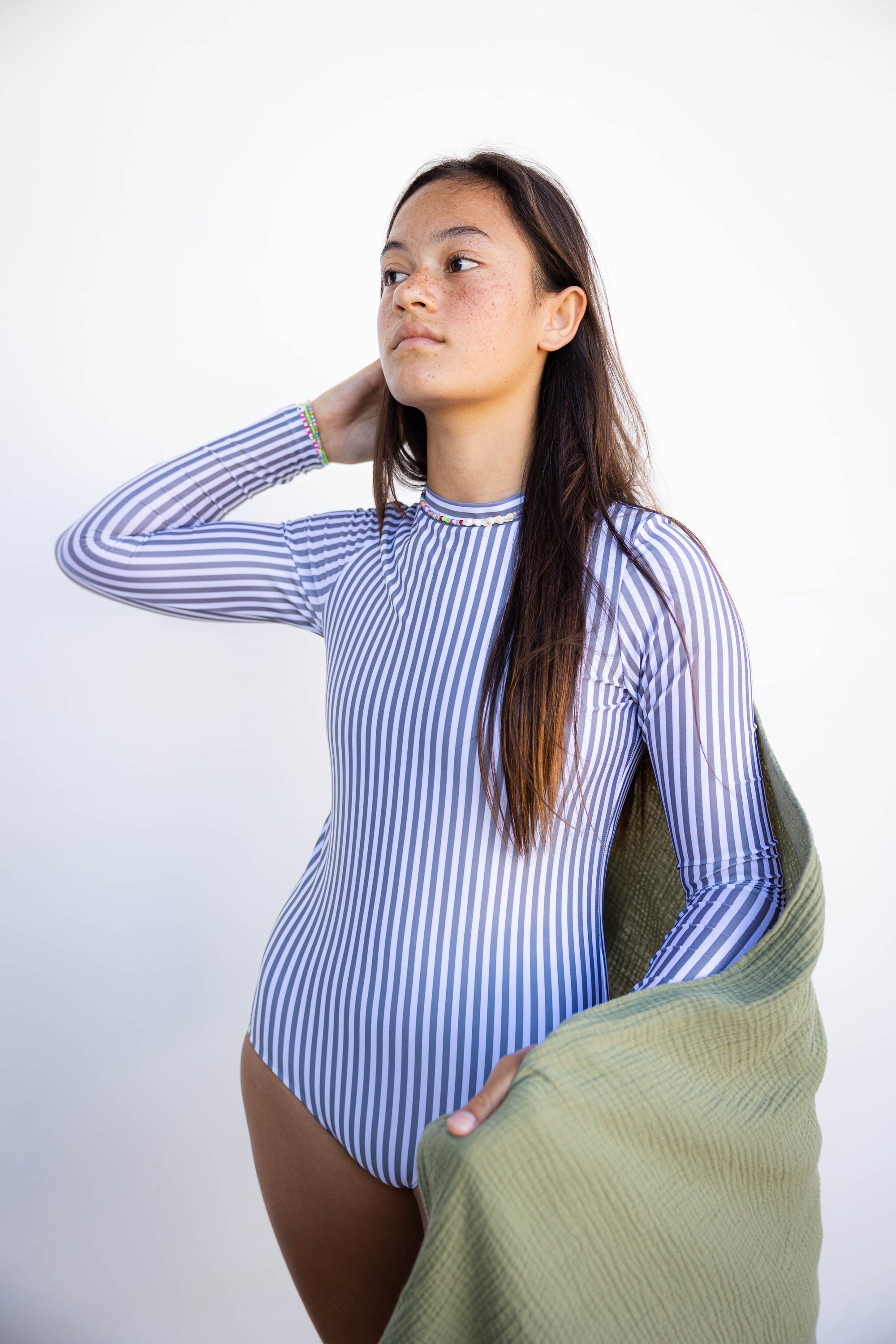 Women's Long Sleeve Zip Up in Pinstripe