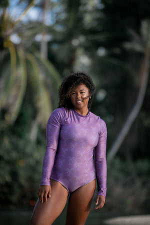 Women's Long Sleeve Zip Up in Purple Palm Trees