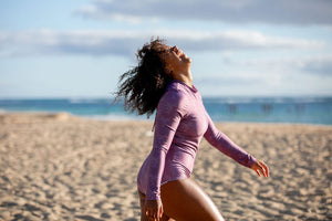 Women's Long Sleeve Zip Up in Purple Palm Trees