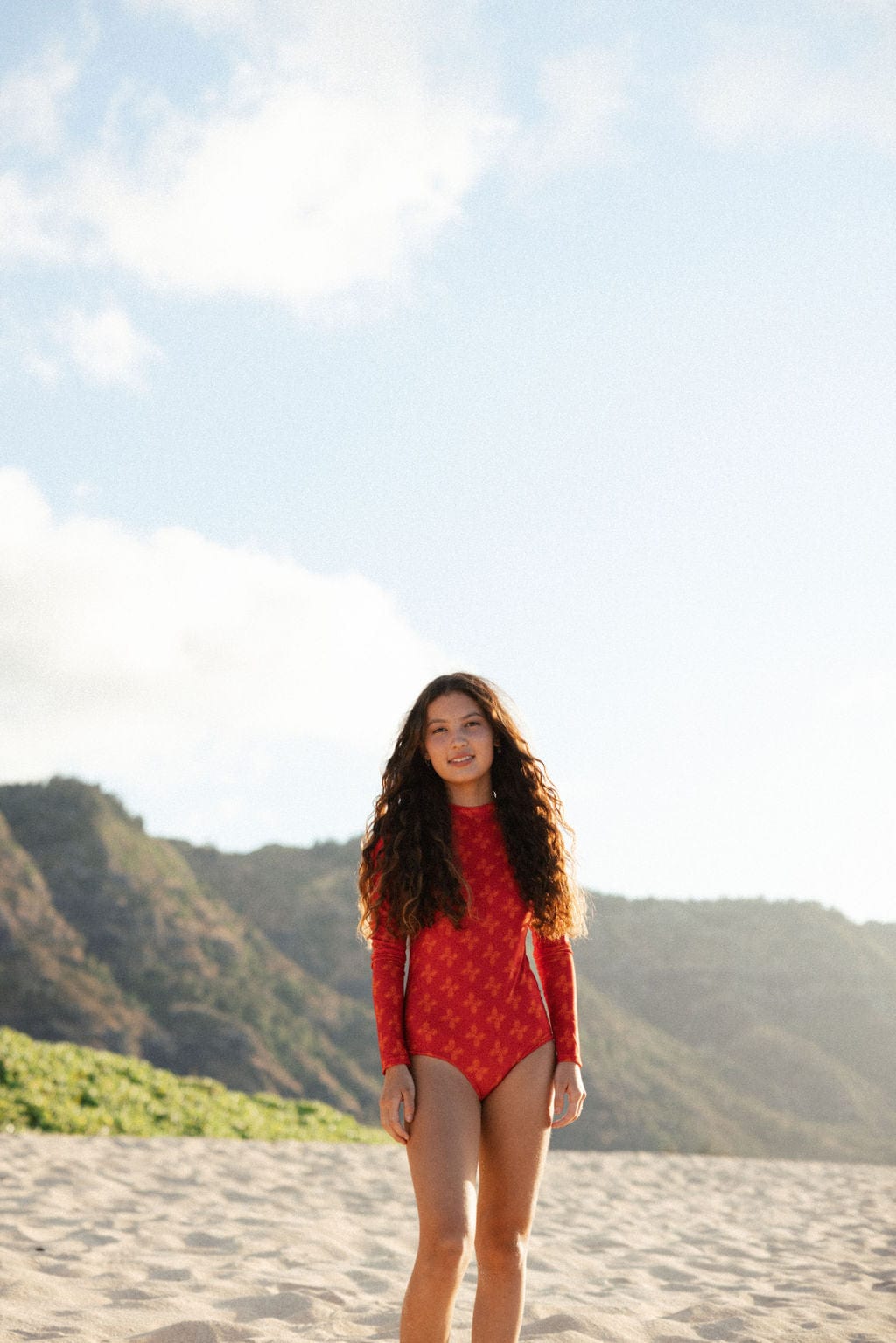 Women's Long Sleeve Zip Up in Red Breadfruit Bandana