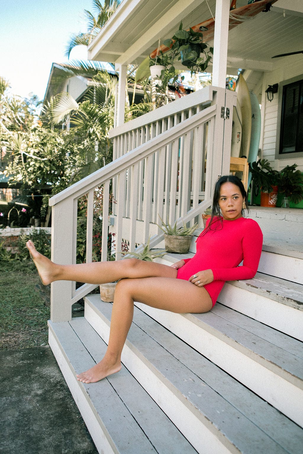 Women's Long Sleeve Zip Up in Red Ribbed