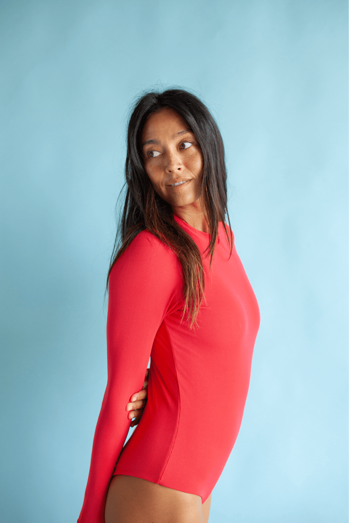 Women's Long Sleeve Zip Up in Red Ribbed