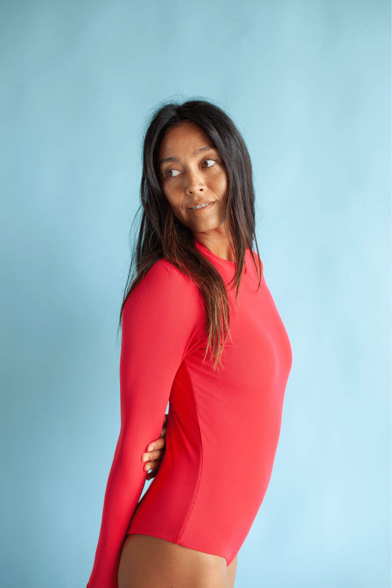 Women's Long Sleeve Zip Up in Red Ribbed