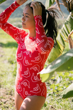 Women's Long Sleeve Zip Up in Red Shaka