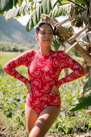 Women's Long Sleeve Zip Up in Red Shaka