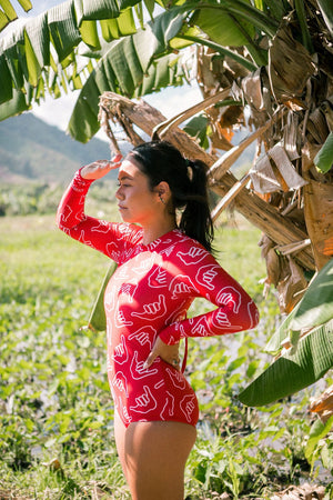 Women's Long Sleeve Zip Up in Red Shaka