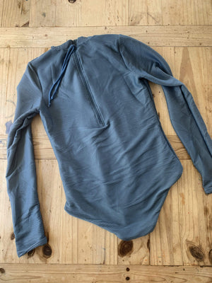 Women's Long Sleeve Zip Up in Steel Blue Ribbed