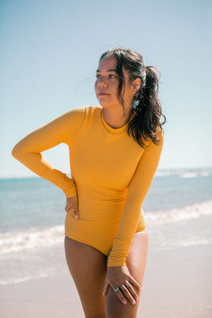 Women's Long Sleeve Zip Up in Yellow Ribbed