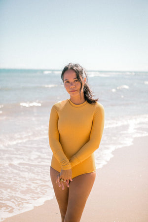 Women's Long Sleeve Zip Up in Yellow Ribbed