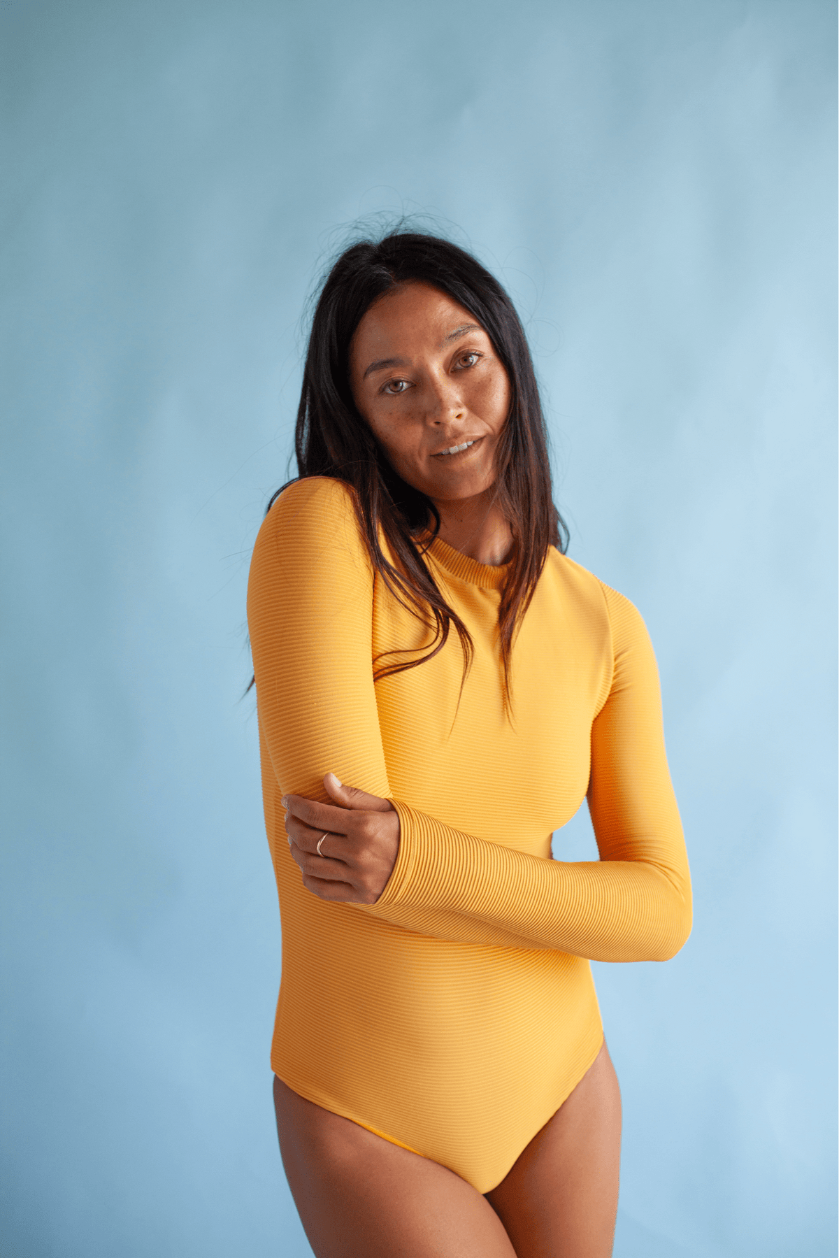 Women's Long Sleeve Zip Up in Yellow Ribbed