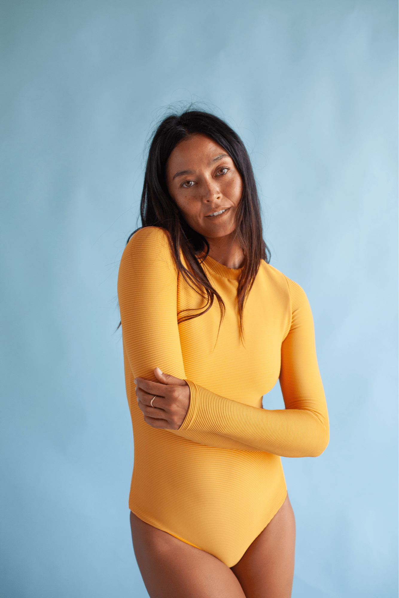 Women's Long Sleeve Zip Up in Yellow Ribbed - OF ONE SEA