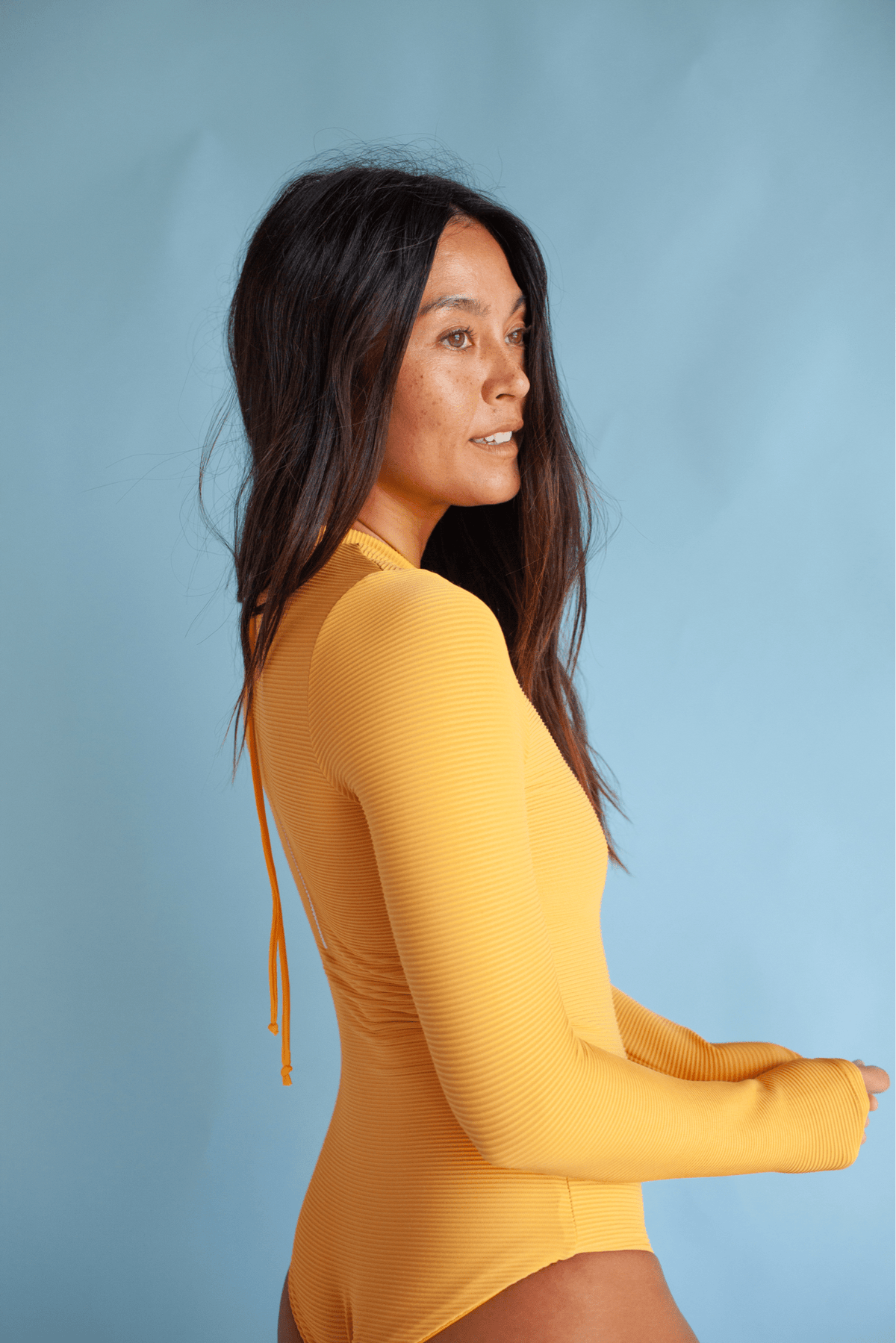 Women's Long Sleeve Zip Up in Yellow Ribbed