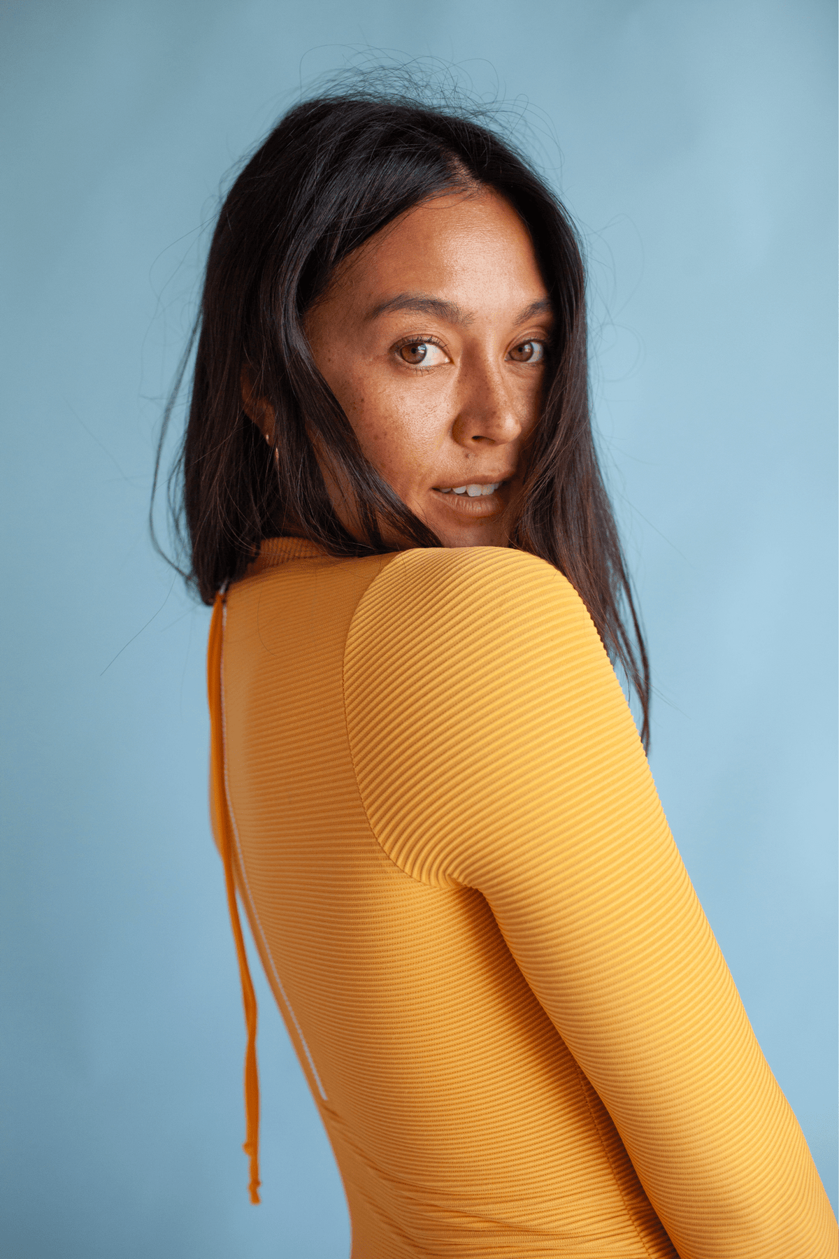 Women's Long Sleeve Zip Up in Yellow Ribbed