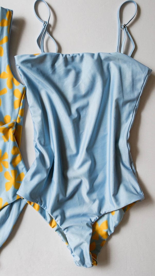Women's Strappy One Piece in Light Blue Plumeria