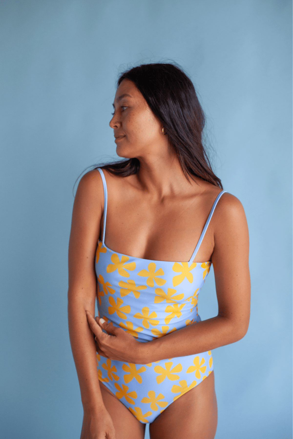Women's Strappy One Piece in Light Blue Plumeria
