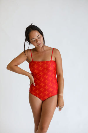 Women's Strappy One Piece in Red Breadfruit Bandana