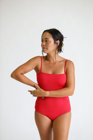 Women's Strappy One Piece in Red Ribbed