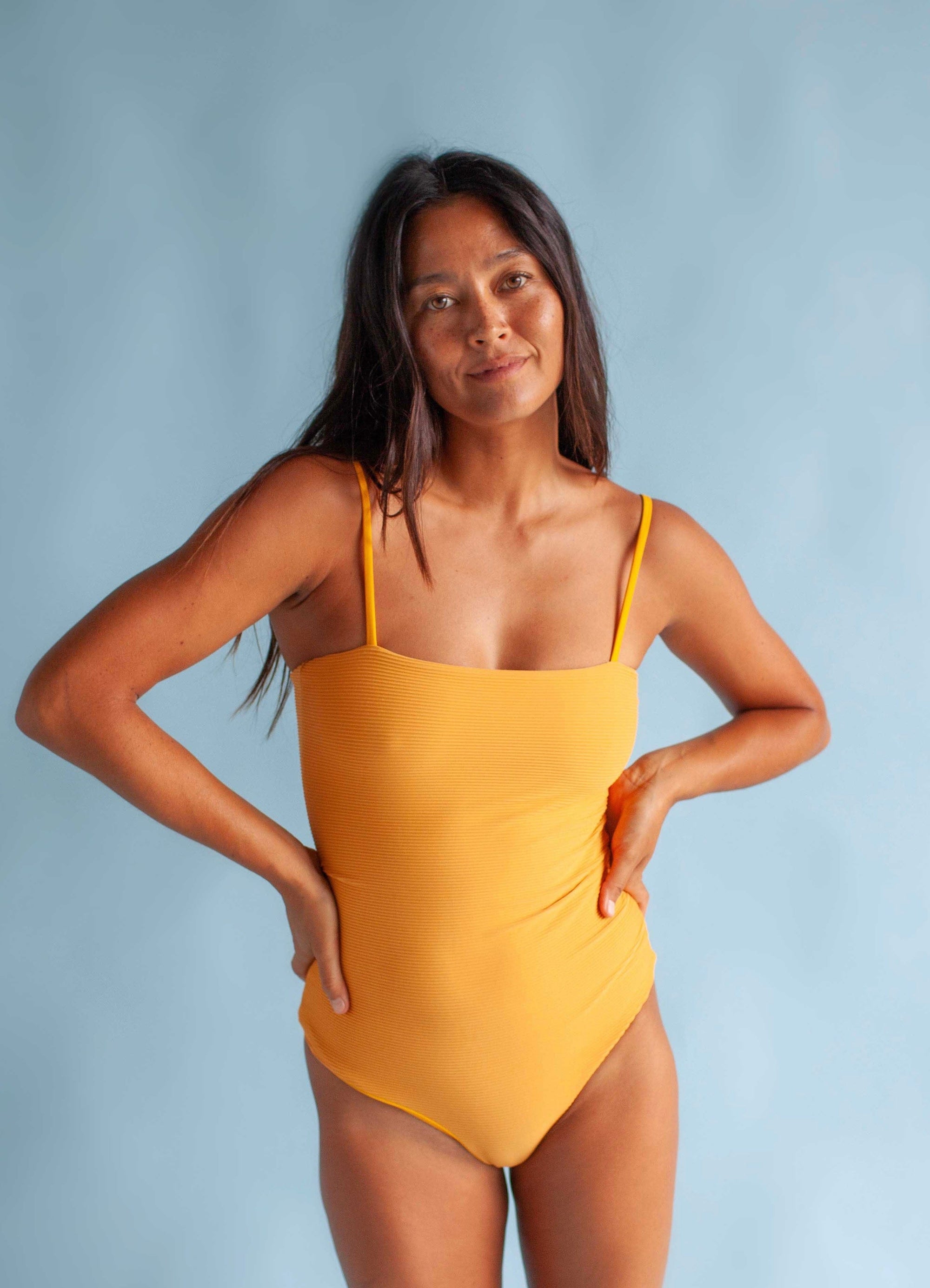 Women's Strappy One Piece in Yellow Ribbed
